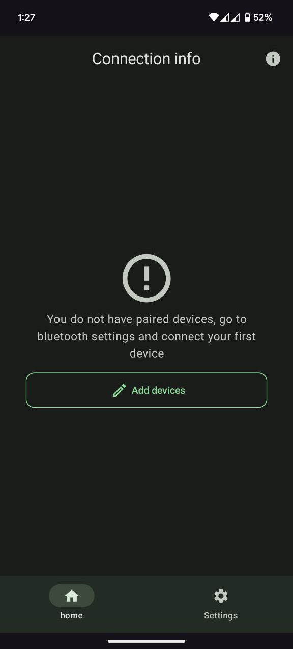 Connection info screen — no paired devices yet