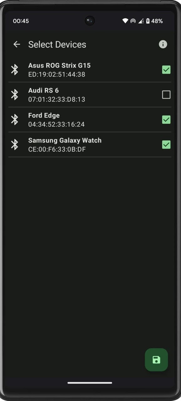 Select devices screen with Bluetooth device list